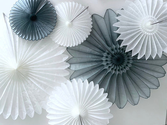 Paper fan party decorations set of 6 grey and white photo backdrop Christmas New Year wall decor baby shower bridal shower Birthday decor
