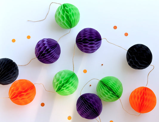 Halloween Honeycomb Garland, Paper Ball Bunting, Orange Black Purple Green Party Decorations, Spooky Mantel Decor, Handmade Custom Colors