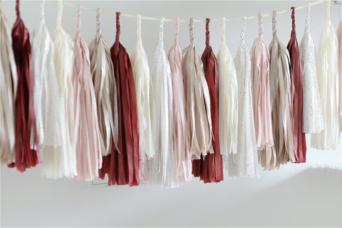 Dusty blush, burgundy and champagne Paper tassel garland party decoration Romantic Blush Fringe garland Birthday Wedding high chair decor
