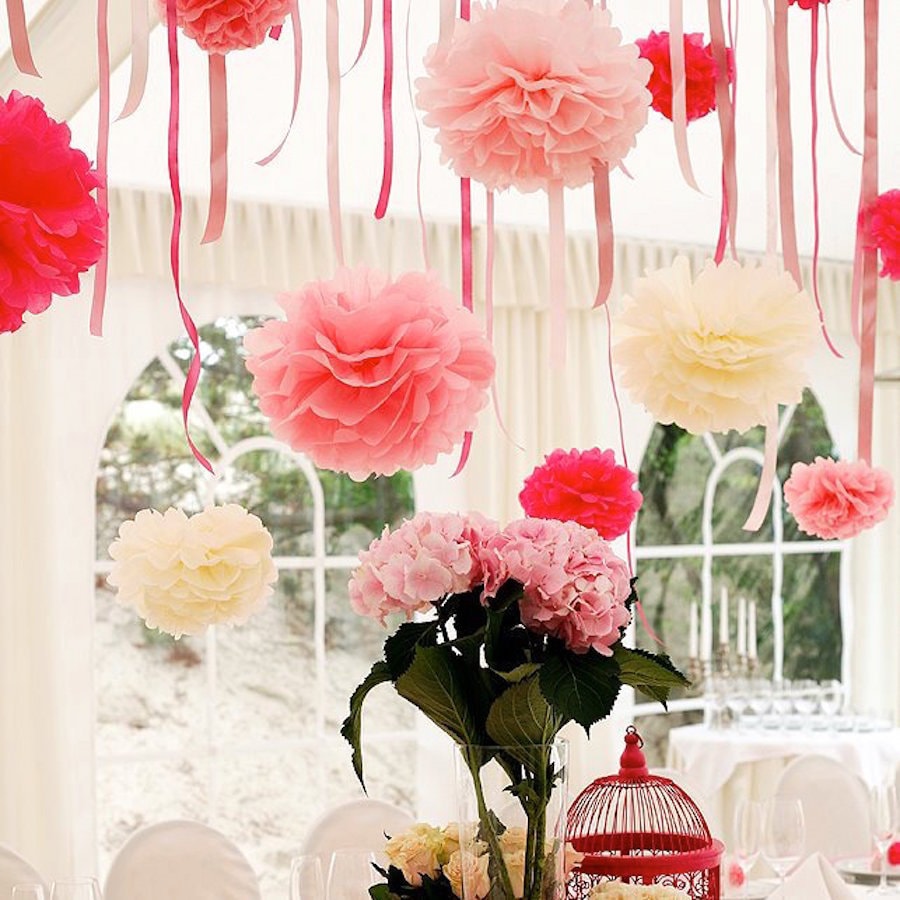 Pink and ivory paper pom pom party decoration set 36 psc mixed sizesstreamers Wedding decorations Paper flowers birthday party baptism decor