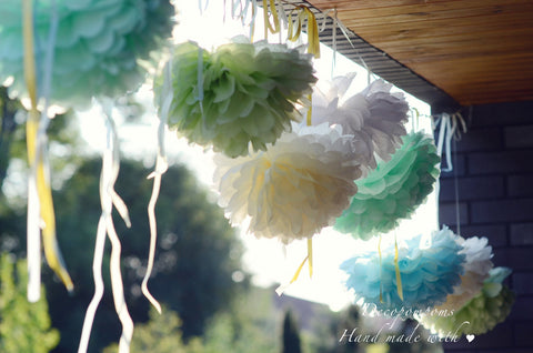 12 large size tissue paper pom pom party decoration set 14”/37cm mint, light blue, ivory,  green paper flower wedding birthday baby shower