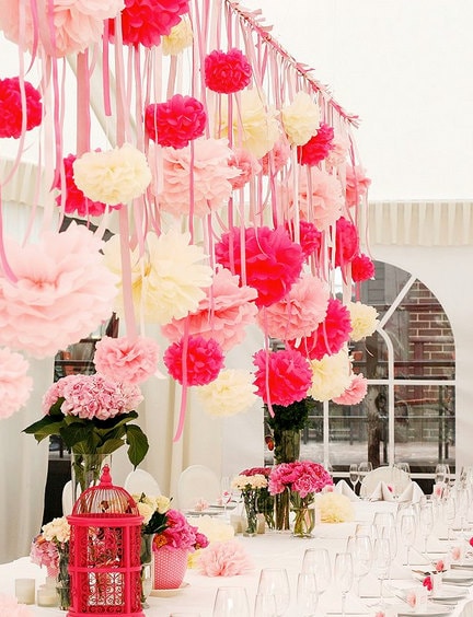 Pink and ivory paper pom pom party decoration set 36 psc mixed sizesstreamers Wedding decorations Paper flowers birthday party baptism decor