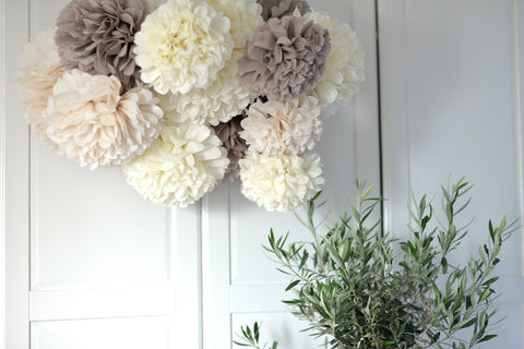 Neutral Tissue Paper Pom Poms – Set of 16 Handmade Party Decorations for Weddings, Baby Showers, Birthdays & Eco-Friendly Event Decor