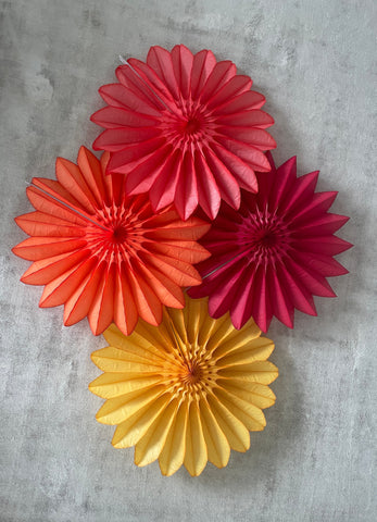 Set of 4 LARGE Paper Fans in Fall Colors - Party Decorations in Orange, Yellow, Coral, and Deep Red 26” Diameter - home decor gift, backdrop