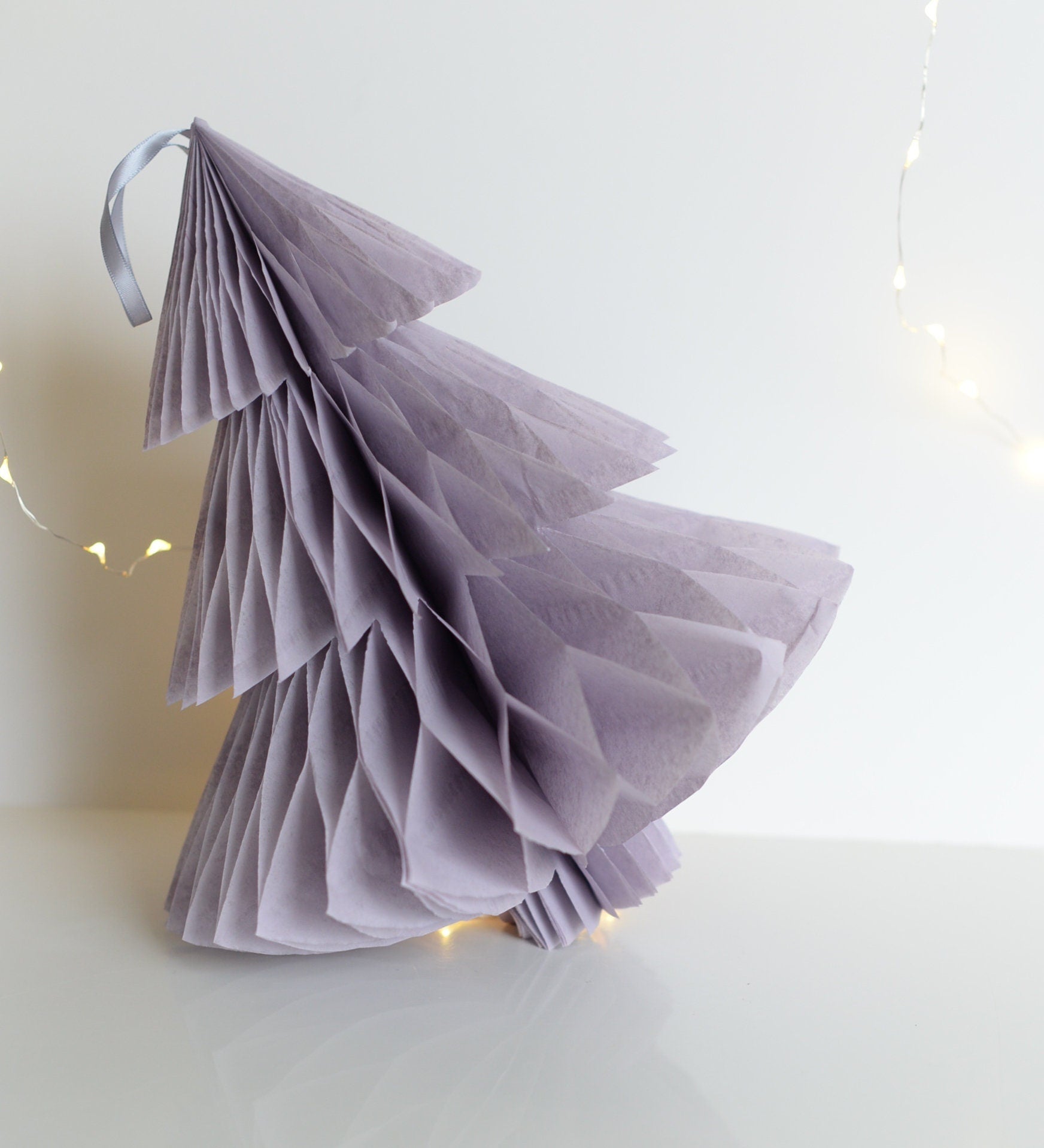 Dusty Purple Honeycomb Christmas Tree, Hanging Paper Ornament with Satin Loop