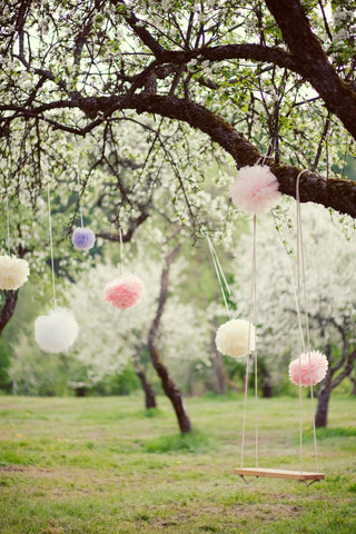 6 mixed size paper pom pom party decoration set customisable colours paper flowers for birthday party, wedding, baby shower eco friendly