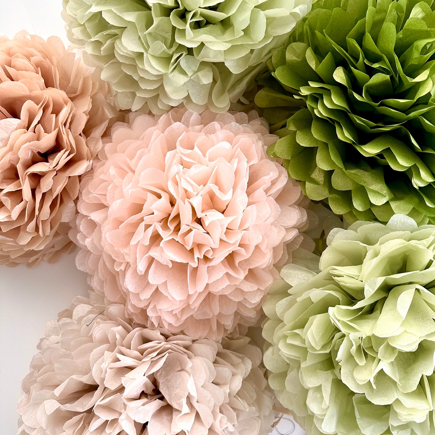 Pastel Tea Party Pom Pom Set - Blush, Champagne, Moss Green Paper Flowers - 10 pcs - Rustic Boho Wedding Decor bridal shower gift