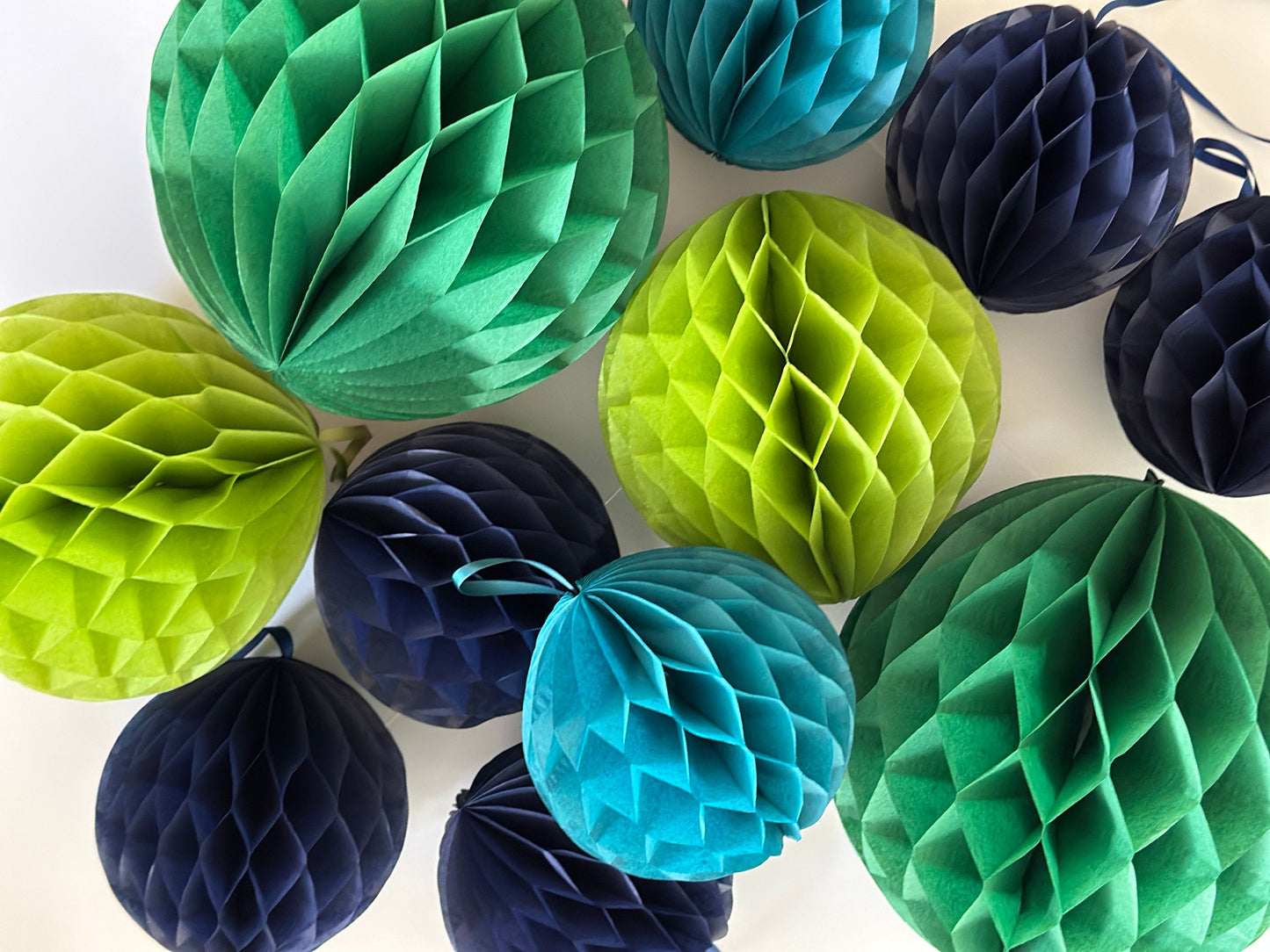 Green, Navy Blue, and Peacock Paper Honeycomb Balls - Set of Event Decorations for Weddings, Birthdays, Graduations, and Party Decor
