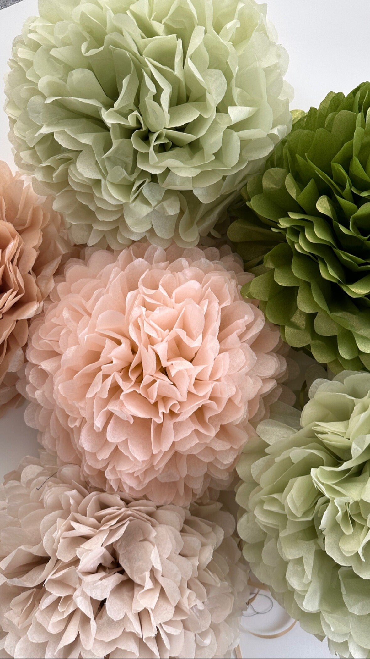 Pastel Tea Party Pom Pom Set - Blush, Champagne, Moss Green Paper Flowers - 10 pcs - Rustic Boho Wedding Decor bridal shower gift