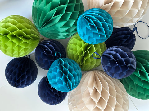 Green, Navy Blue, and Peacock Paper Honeycomb Balls - Set of Event Decorations for Weddings, Birthdays, Graduations, and Party Decor