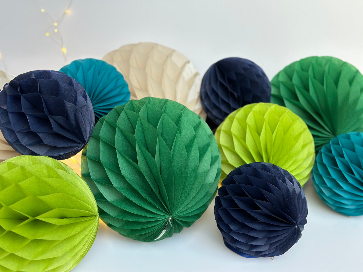Green, Navy Blue, and Peacock Paper Honeycomb Balls - Set of Event Decorations for Weddings, Birthdays, Graduations, and Party Decor
