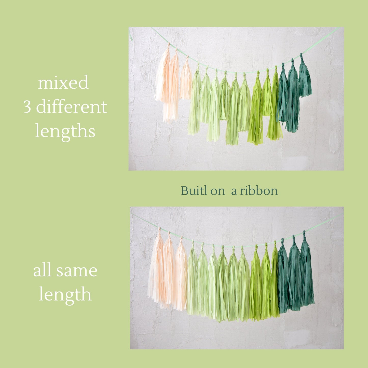 Sage Green Ombre Paper Tassel Garland: Party Banner Decor