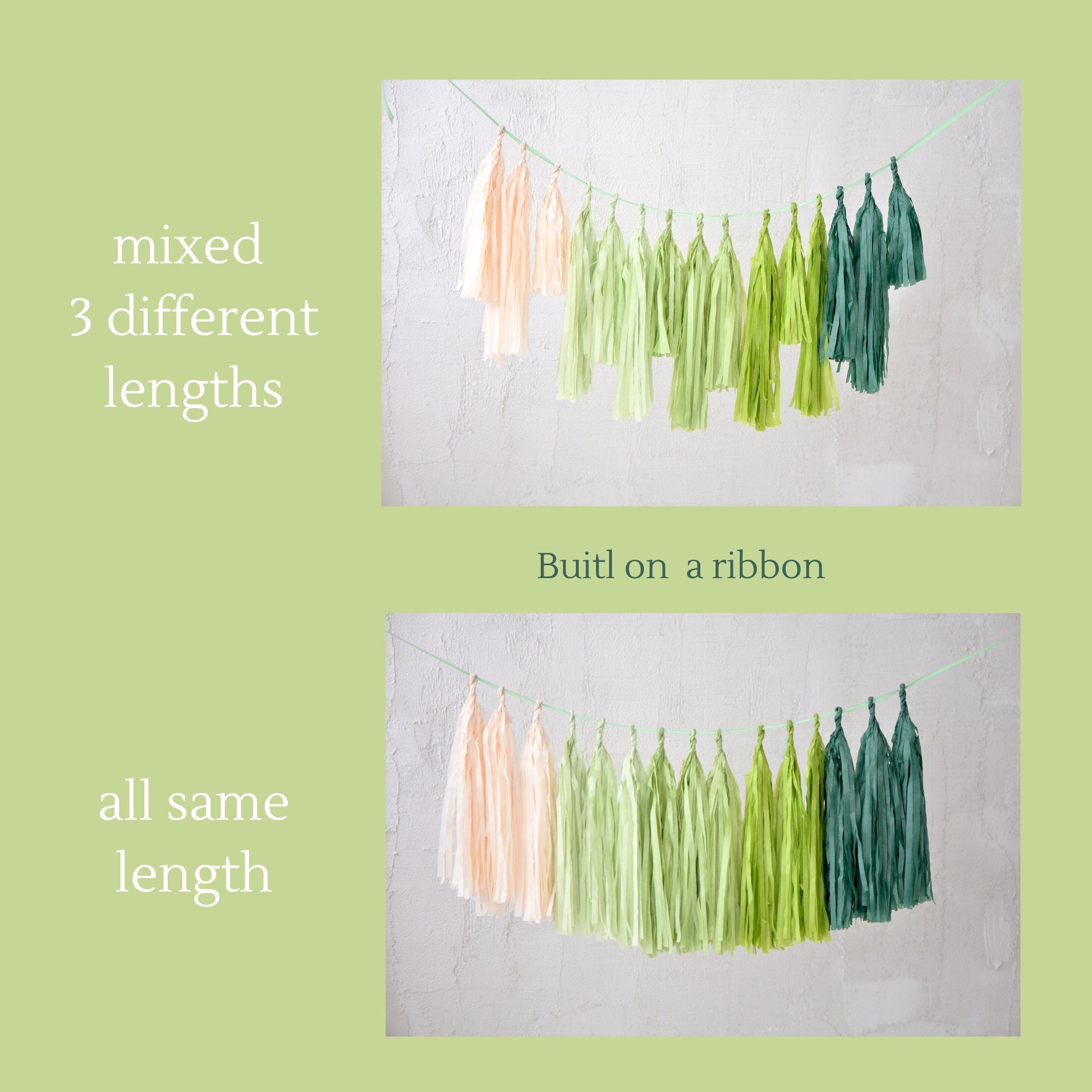 Sage Green Ombre Paper Tassel Garland: Party Banner Decor