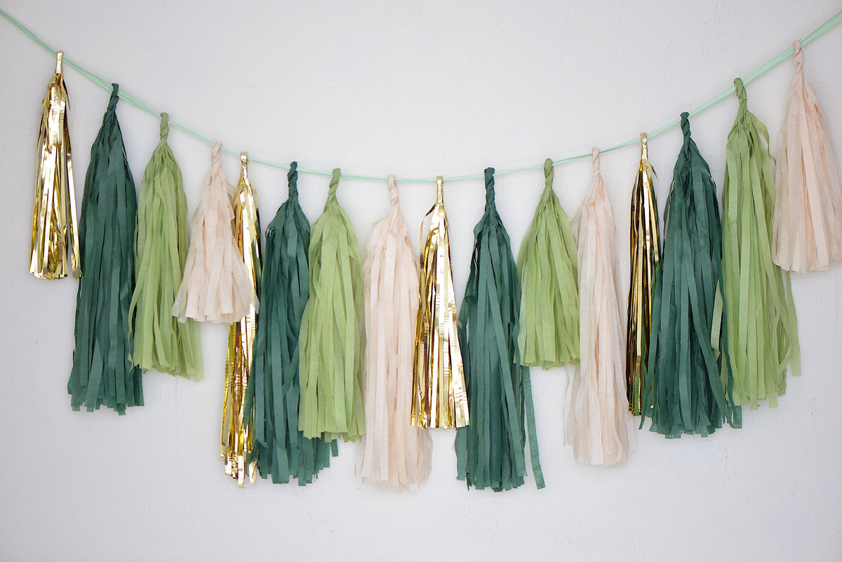 Forest Green Gold Paper Tassel Garland, Jungle Baby Shower Wedding Decor