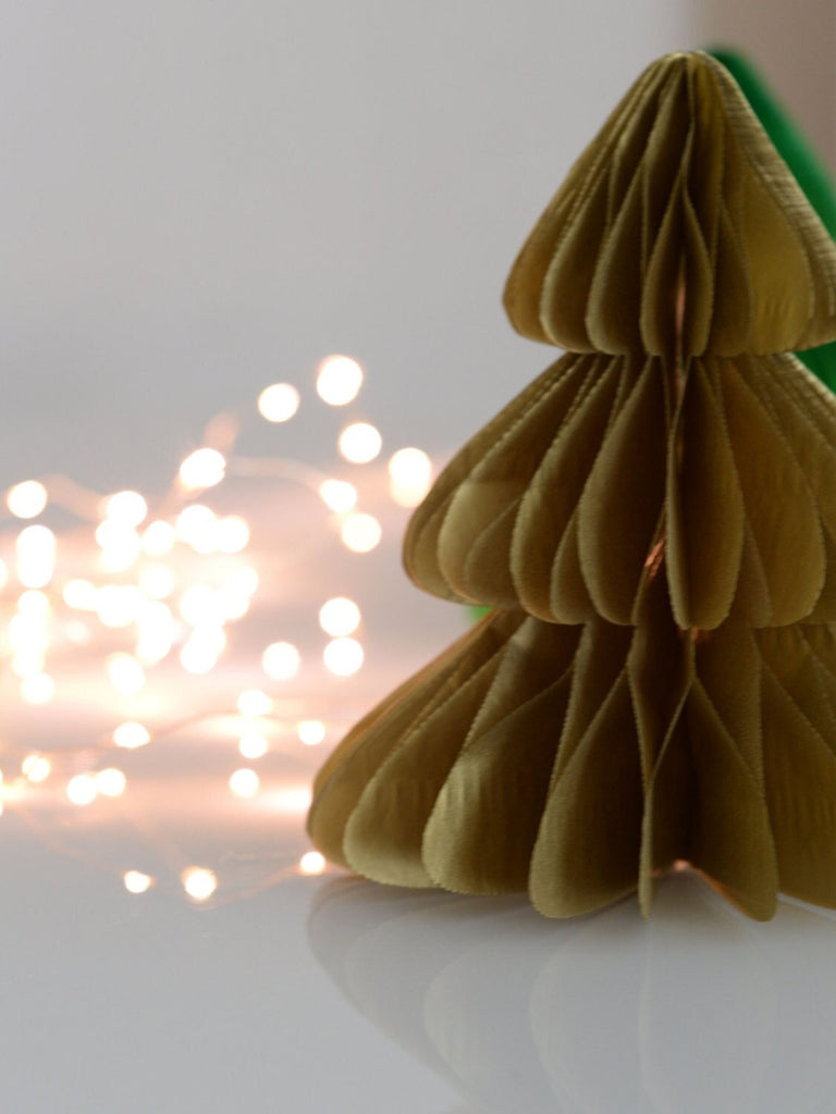 Metallic Gold Paper Christmas Tree Honeycomb Decorations | Vintage Christmas Decor for Home, Office, Classroom, and Windows