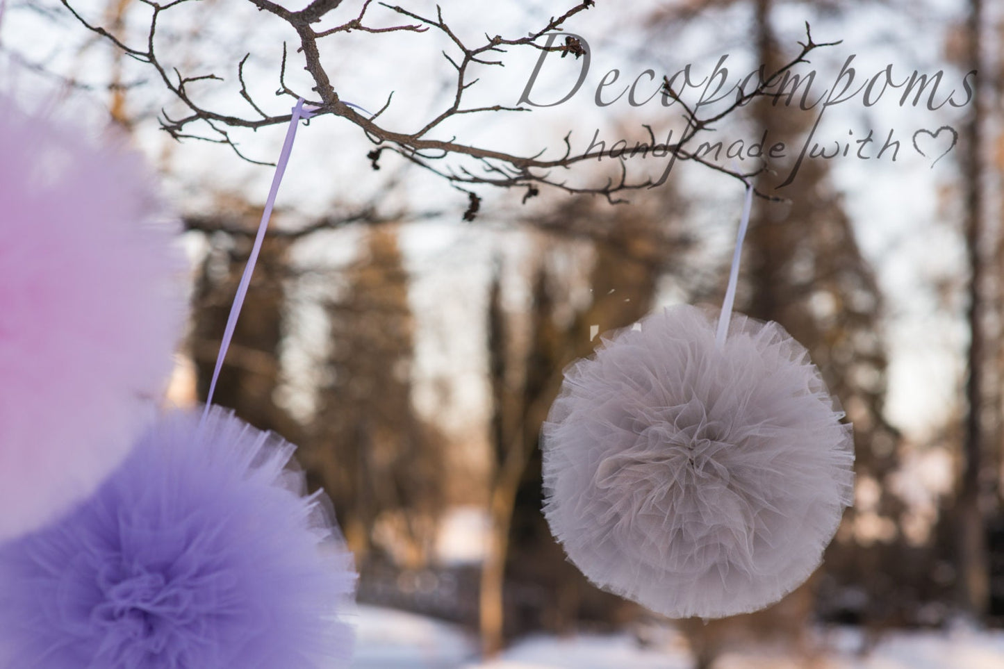 Set of 10 Large Tulle Pom-Poms (12”/30cm) – Custom Colors | Luxurious Wedding & Party Decorations | Reusable Weather-Resistant
