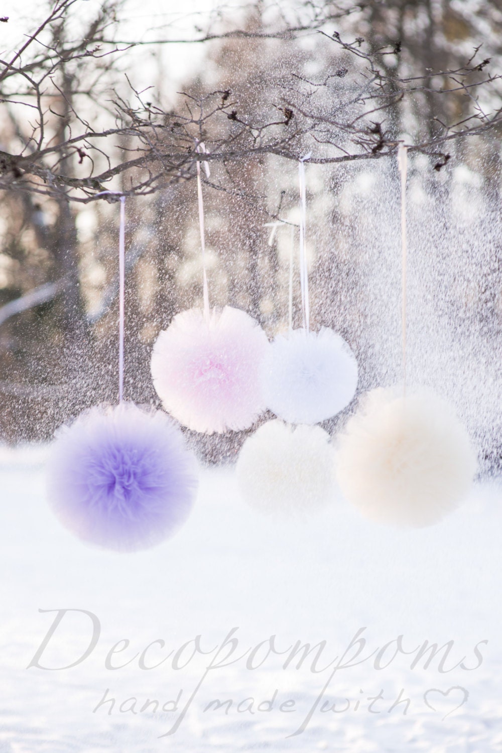 Set of 10 Large Tulle Pom-Poms (12”/30cm) – Custom Colors | Luxurious Wedding & Party Decorations | Reusable Weather-Resistant