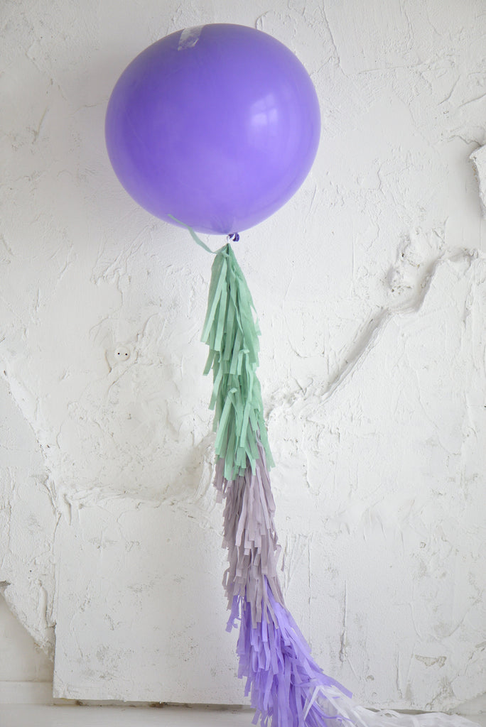 Lavender Giant Balloon with Violet and Green Paper Tassel Tail – Customizable Party Decor for Baby Showers, Weddings, Birthdays and More