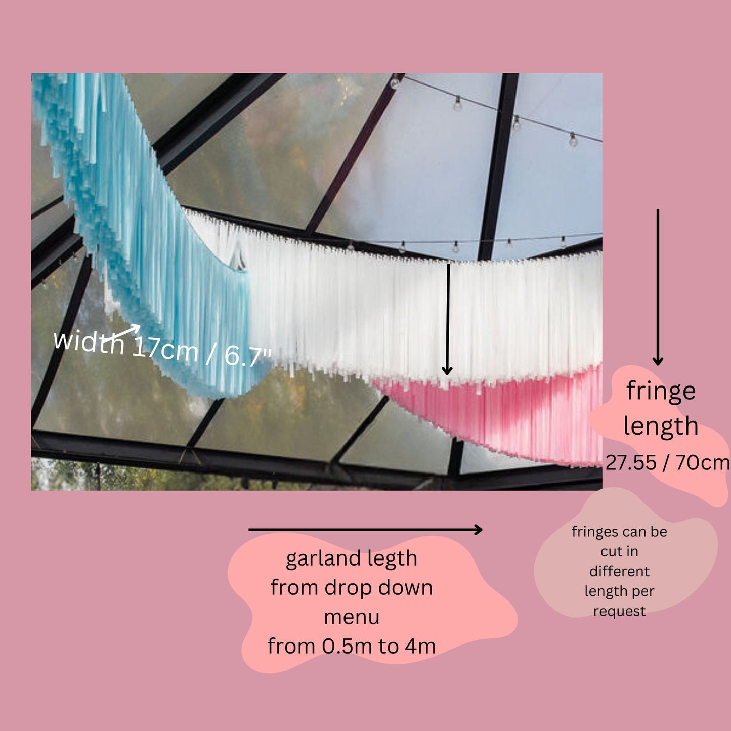 CUSTOM COLOUR Ceiling Aerials Fringe garland tent ceiling fringe Birthday party Decor Wedding Ceiling fringe dance floor fiesta ceiling fringe