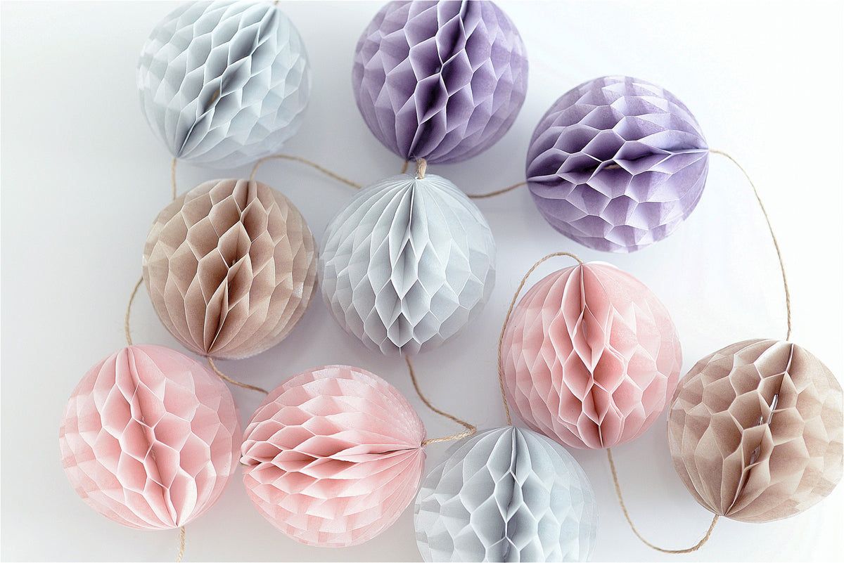 Handmade Pastel Honeycomb Ball Garland: Champagne, Blush, Lavender