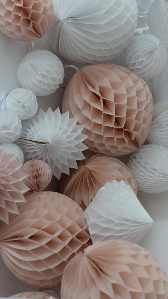 dusty pink, white, tan, Light grey and blush paper Honeycomb Balls Set - Paper Decorations