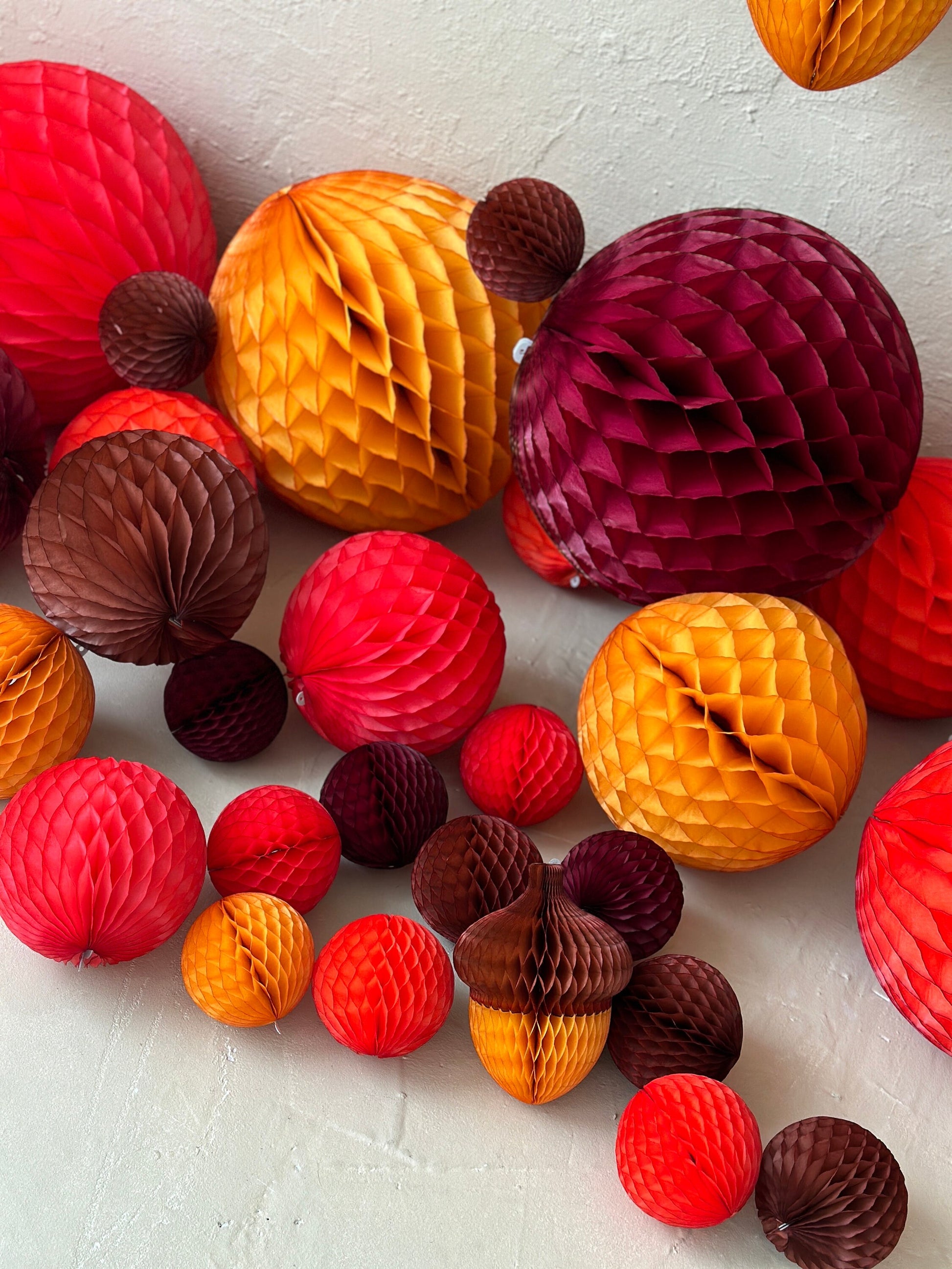 Fall Honeycomb Ball Decorations – Burgundy, Coral & Mustard Tissue Paper, Wedding