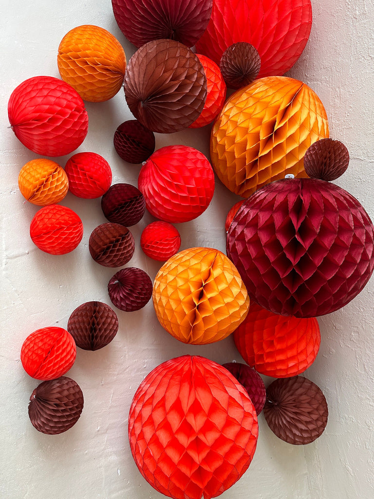 Paper Honeycomb Set party decorations in autumn colours mustard, butgundy, brown Decorations for wedding, birthday party, baby shower ideas
