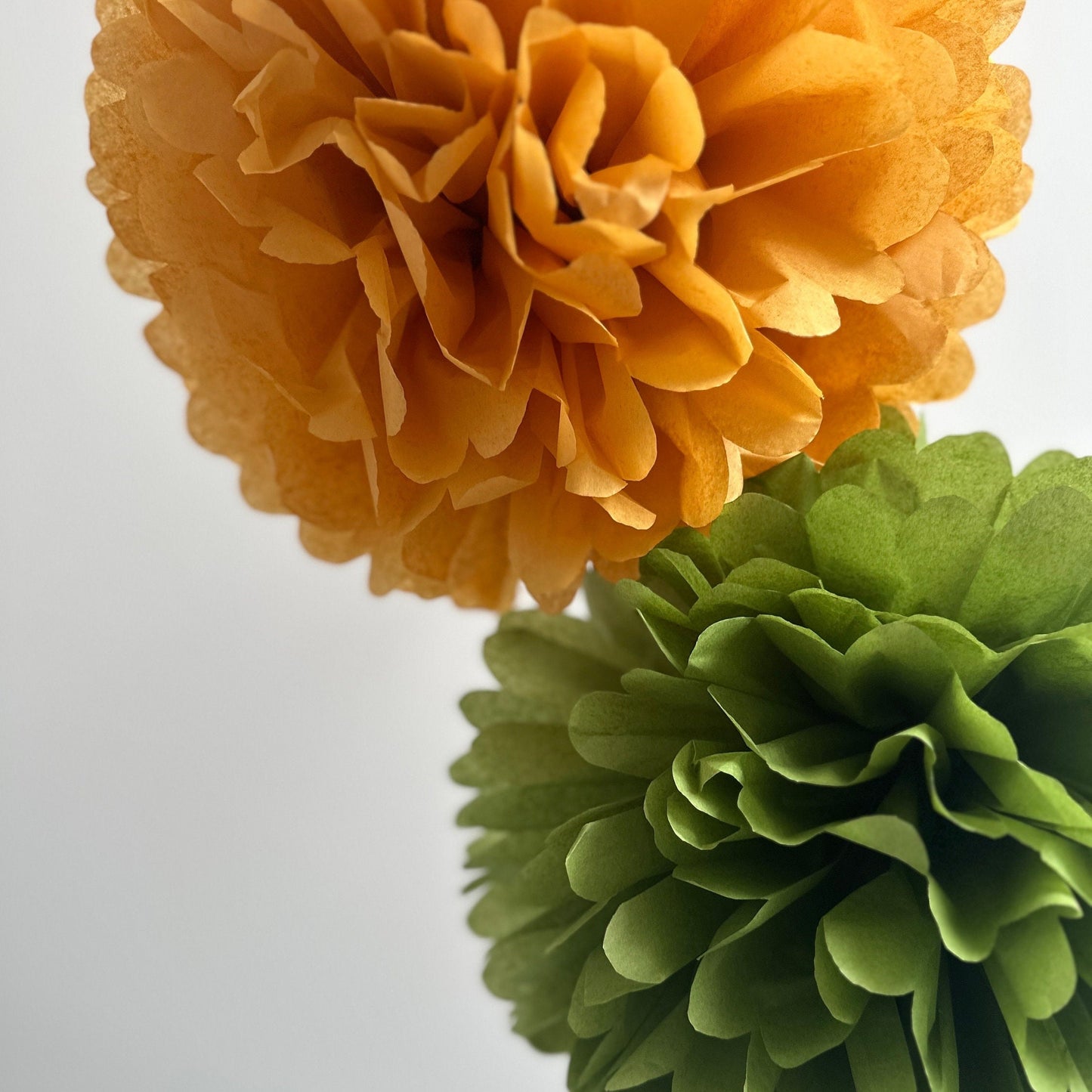 Set of 10 Large Tissue Paper Pom Poms – Moss Green & Mustard Party Decorations