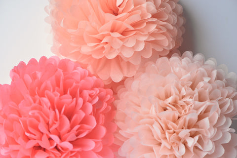 Blush, peach and coral rose paper pom poms party decorations set 10/12/16 wedding birthday party decor paper flowers eco friendly decor