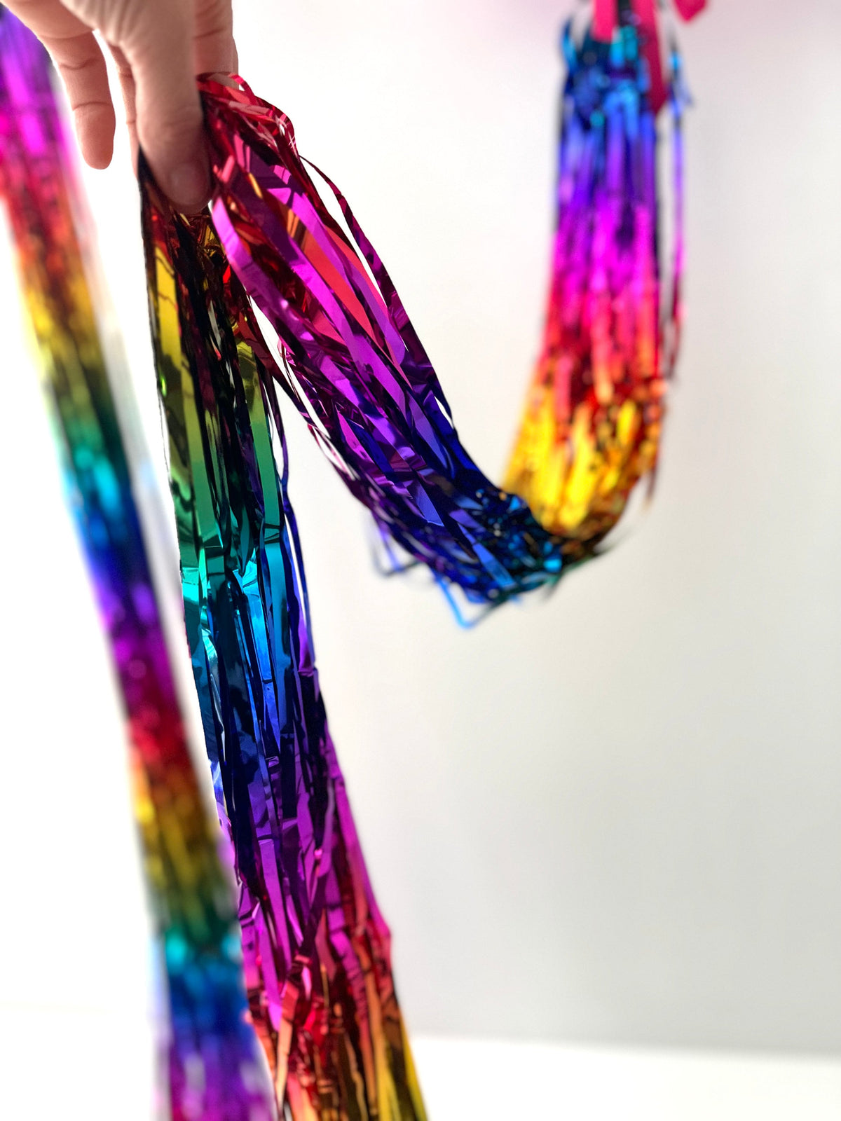 Rainbow Balloon Tail Tassel Garland, Handmade Shimmer Mylar Fringe Decor, Reusable Birthday Party