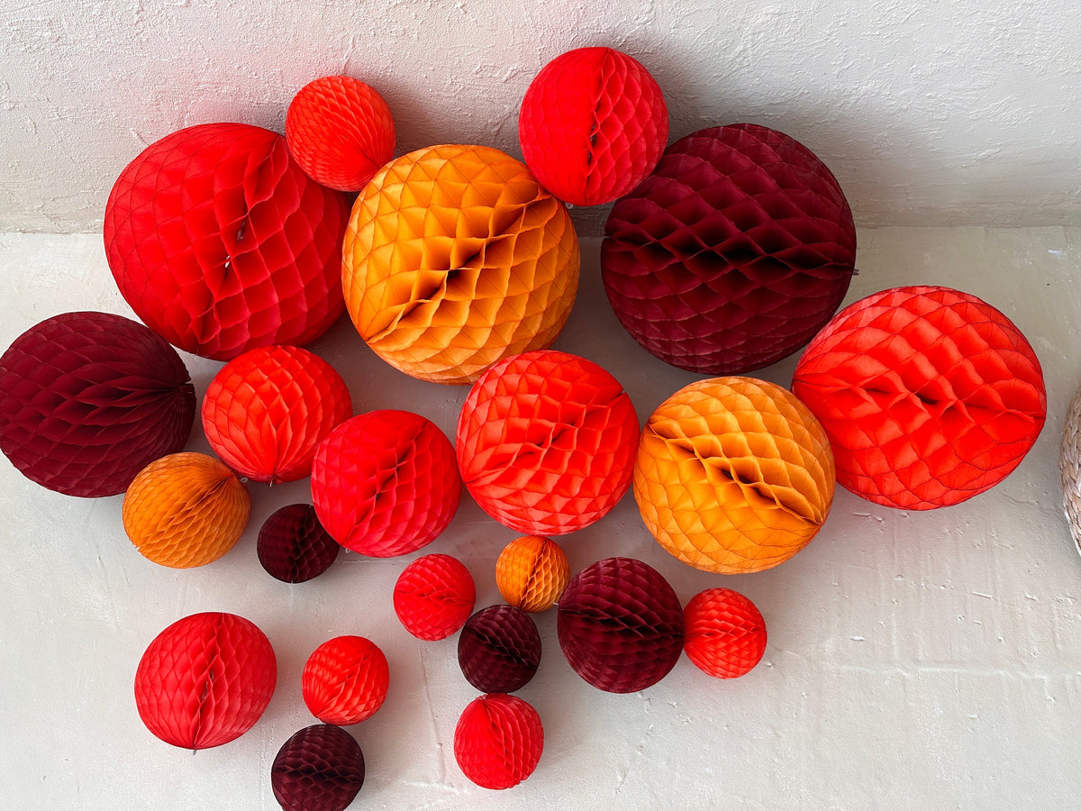 Fall Honeycomb Ball Decorations – Burgundy, Coral & Mustard Tissue Paper, Wedding