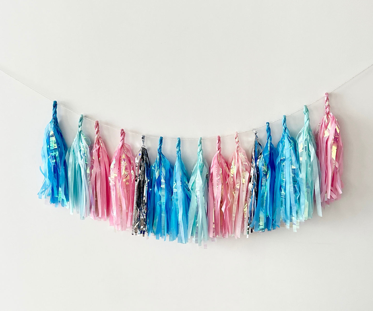 Iridescent Tassel Garland: Blue, Pink, Silver Party Decor