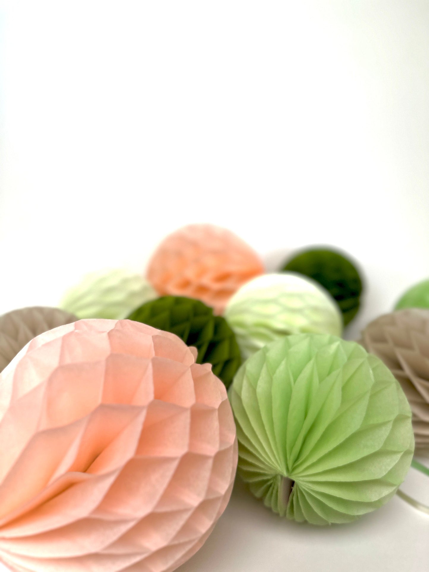 Paper Honeycomb Set party decorations in light Green, pale mint, blush, sand  Decorations for wedding, birthday party, baby shower