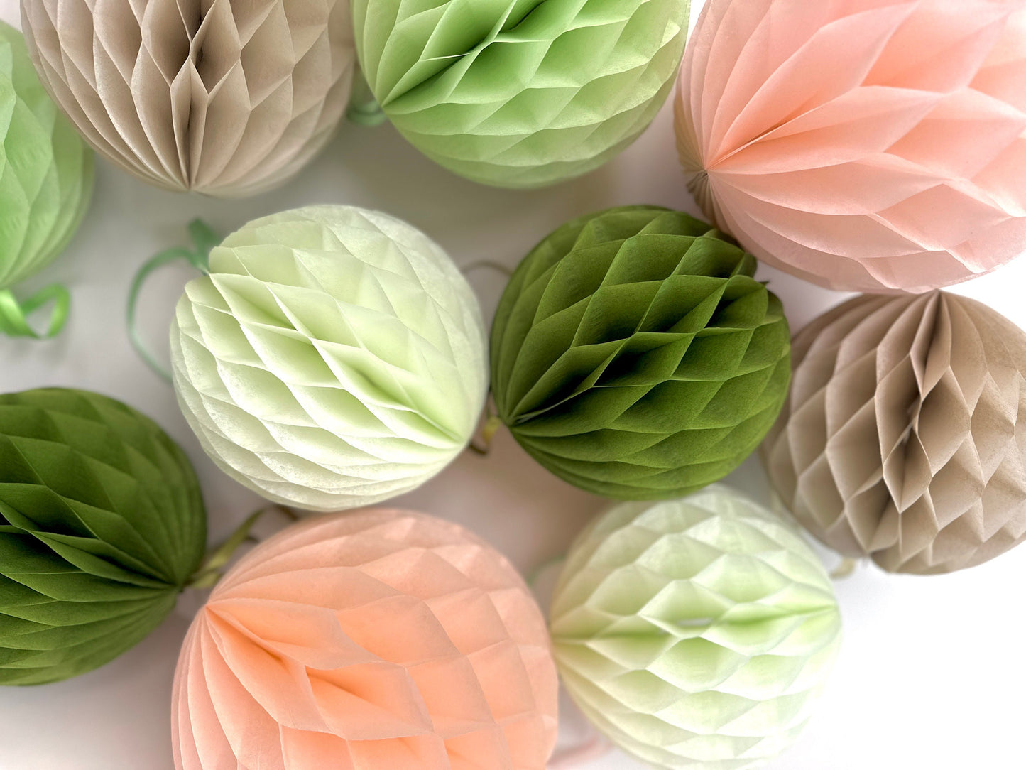Paper Honeycomb Set party decorations in light Green, pale mint, blush, sand  Decorations for wedding, birthday party, baby shower