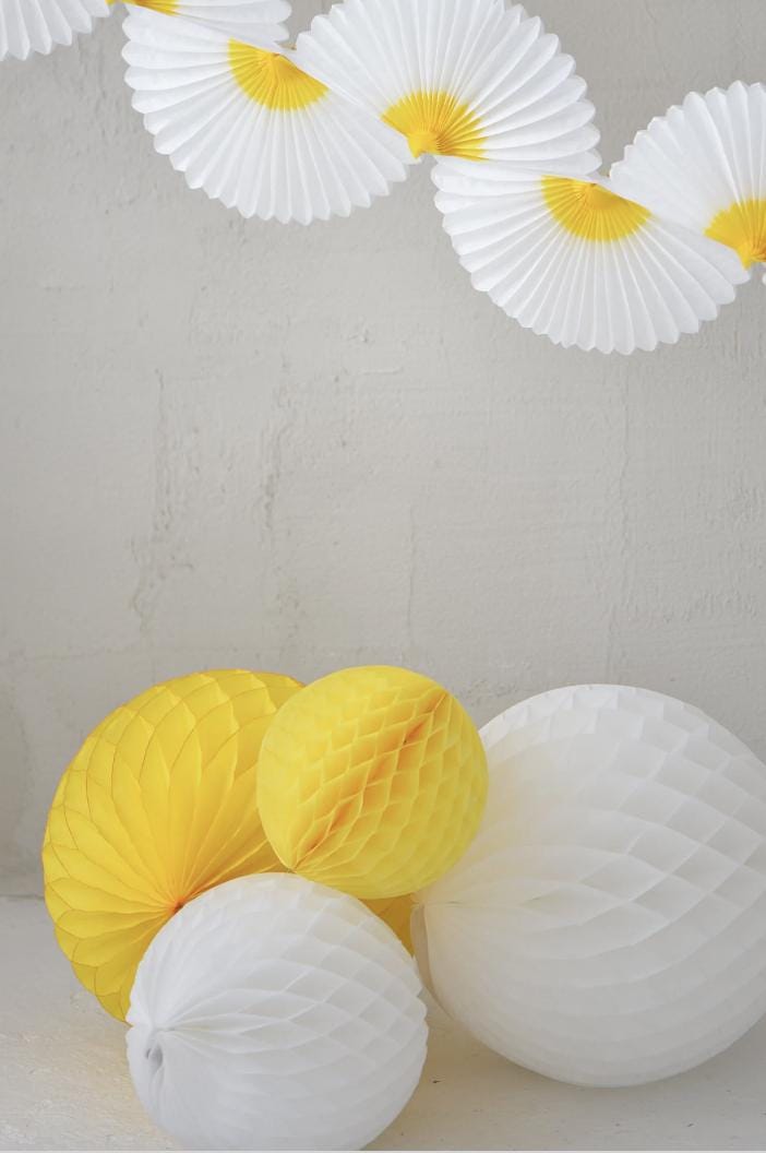 Daisy Party Decoration Set, Yellow White Paper Garland, Fans and Honeycombs