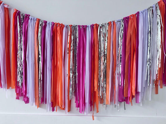 A colorful fringe garland featuring strands in pink, orange, lavender, and silver, displayed across a plain background.