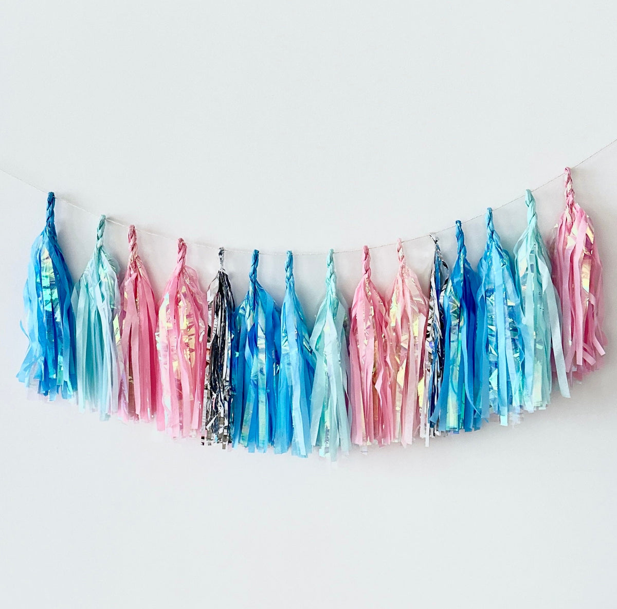 Iridescent Tassel Garland: Blue, Pink, Silver Party Decor