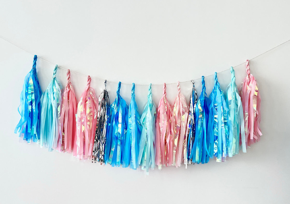 Iridescent Tassel Garland: Blue, Pink, Silver Party Decor