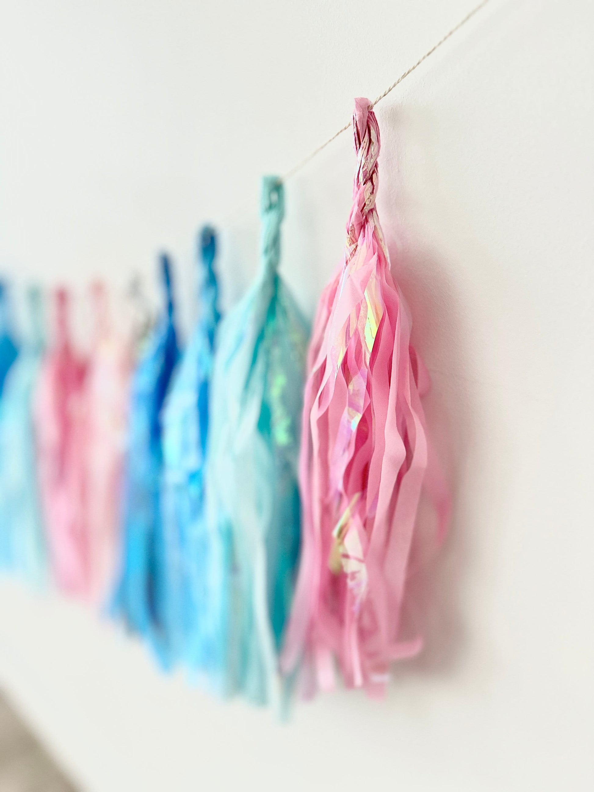 Iridescent Tassel Garland: Blue, Pink, Silver Party Decor