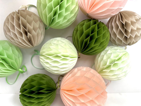 Paper Honeycomb Set party decorations in light Green, pale mint, blush, sand  Decorations for wedding, birthday party, baby shower