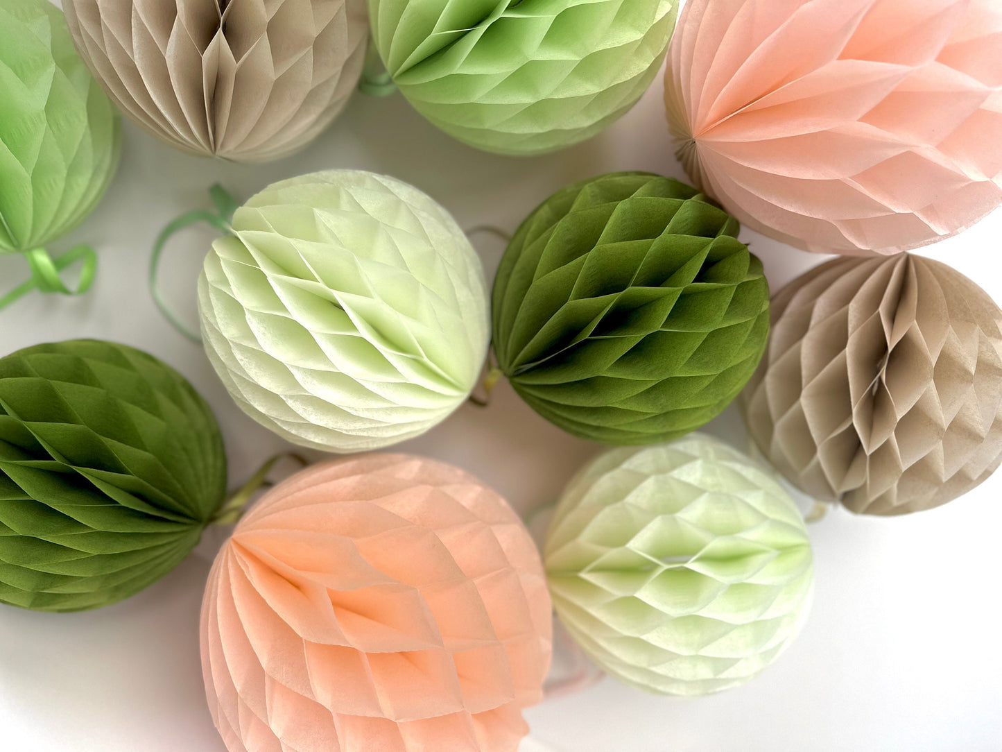 Tissue Paper Honeycomb Balls – Sage Green, Light Green & Neutral Tones, Party Wedding Decorations, Baby Shower Decor | eco friendly decor