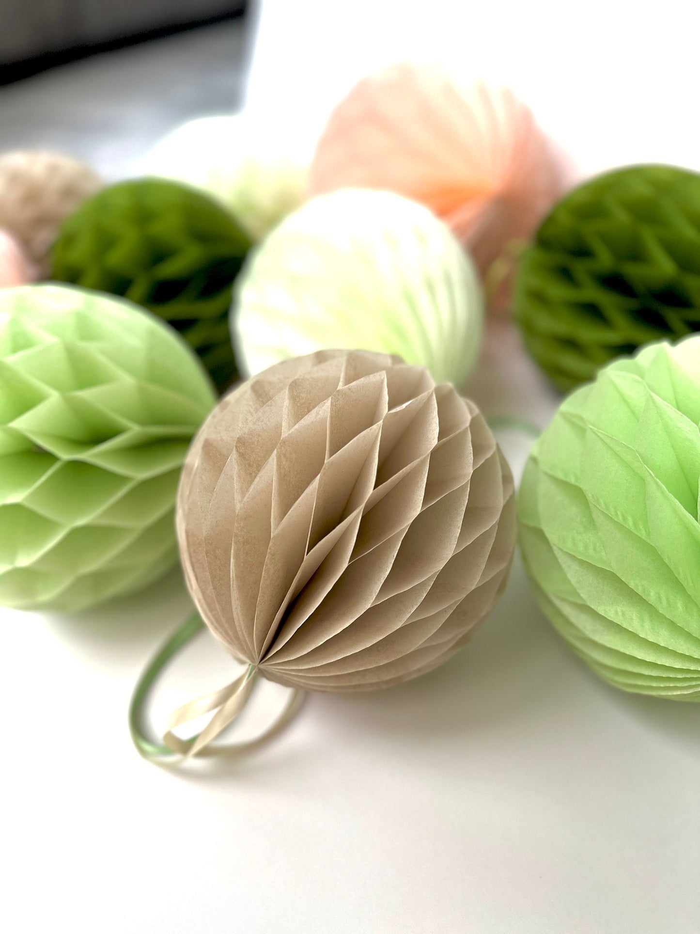 Tissue Paper Honeycomb Balls – Sage Green, Light Green & Neutral Tones, Party Wedding Decorations, Baby Shower Decor | eco friendly decor