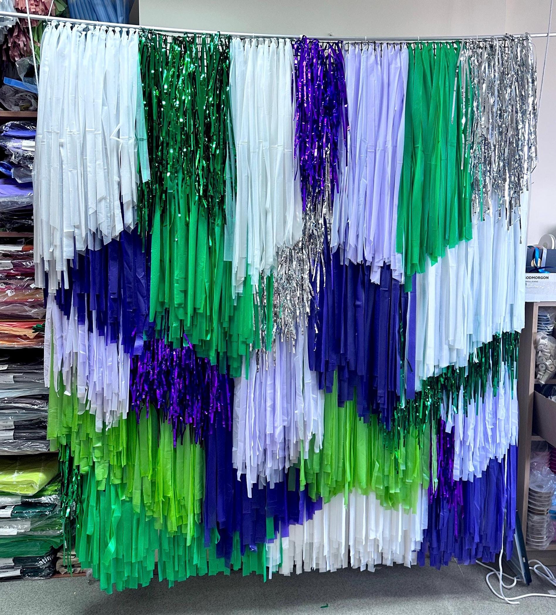 Fringe Party Backdrop: Purple, Green, Silver Tassels, Reusable Wall Decor