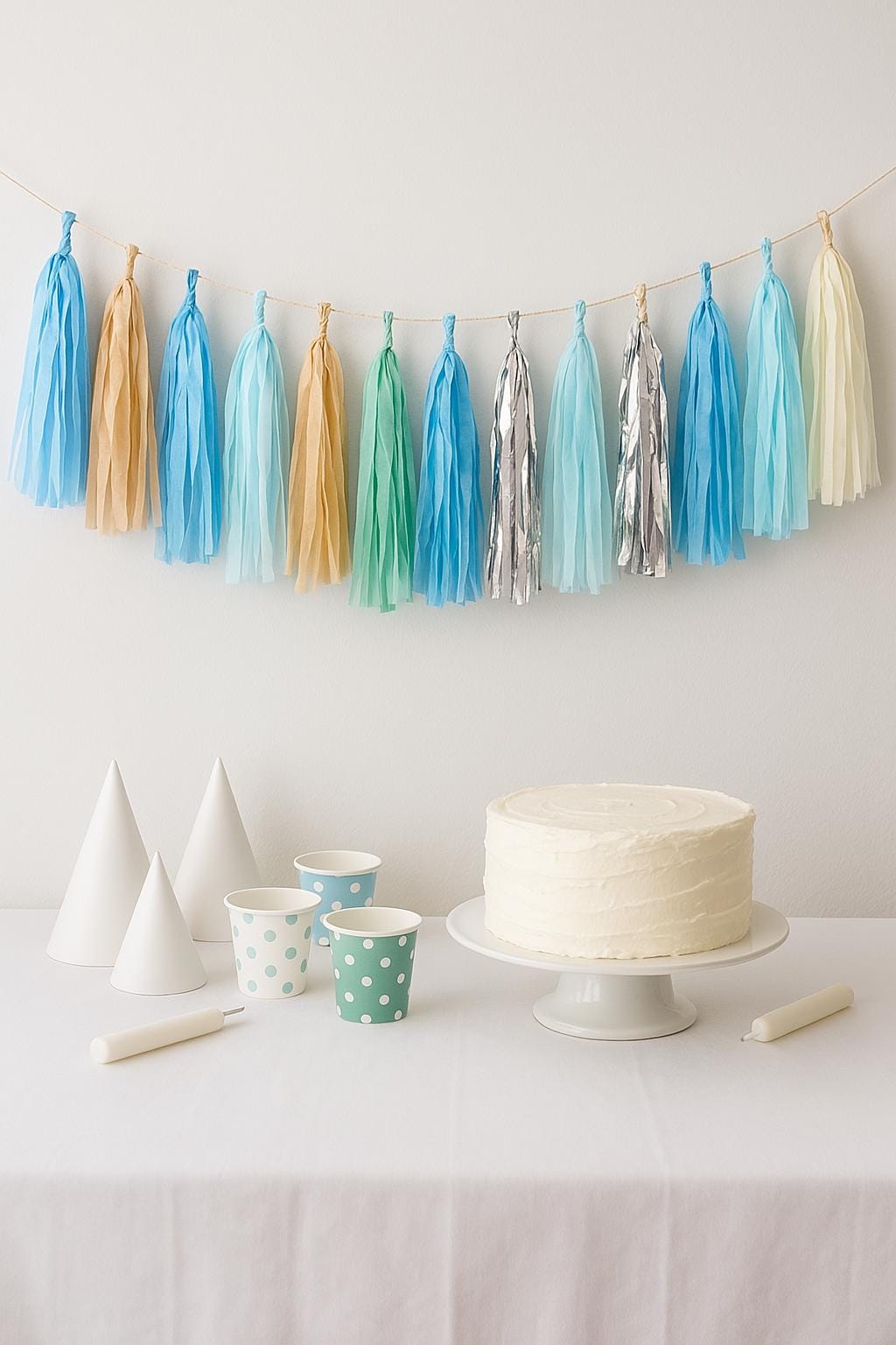 Blue, Ivory & Gold Tissue Paper Tassel Garland: Assembled Party Decor