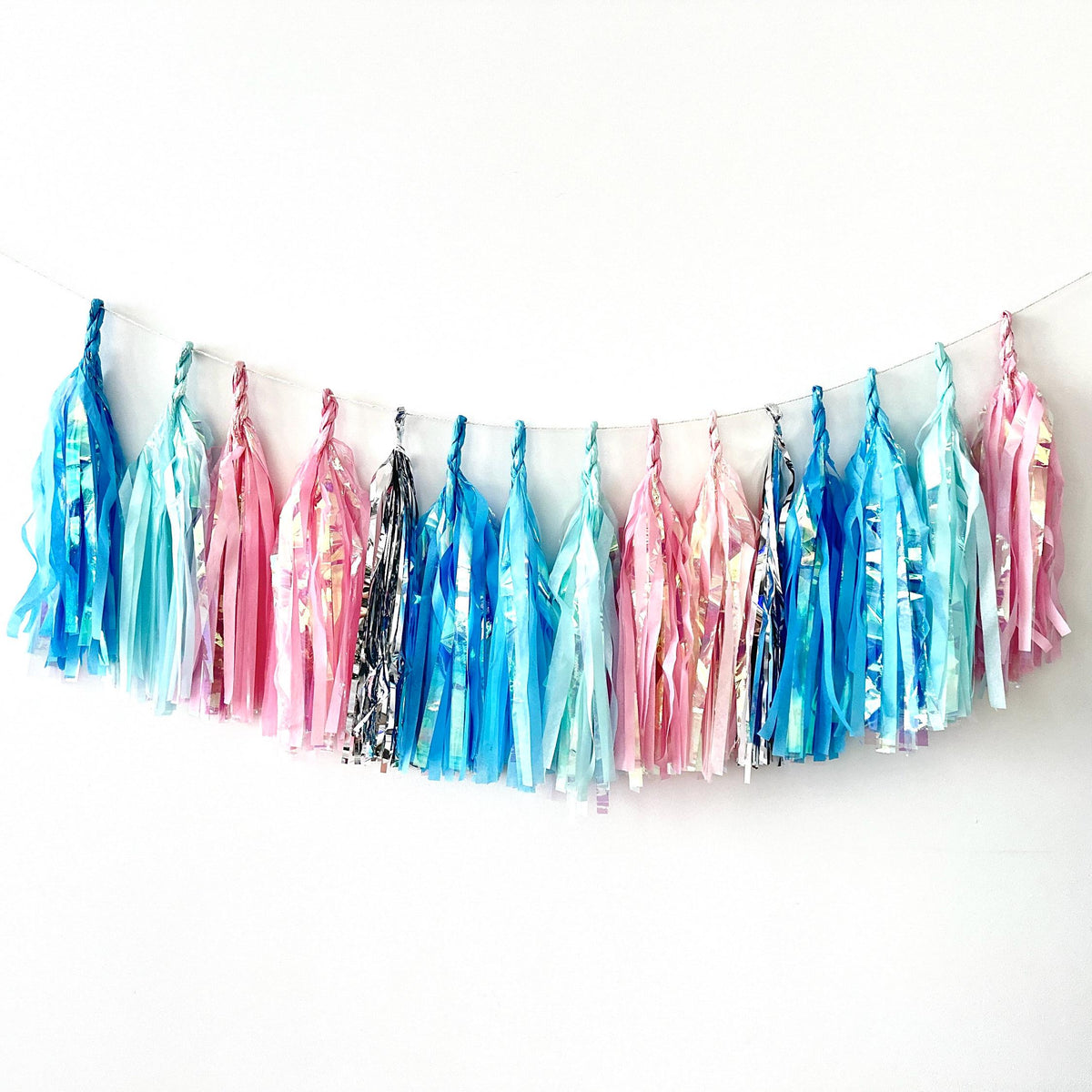 Iridescent Tassel Garland: Blue, Pink, Silver Party Decor