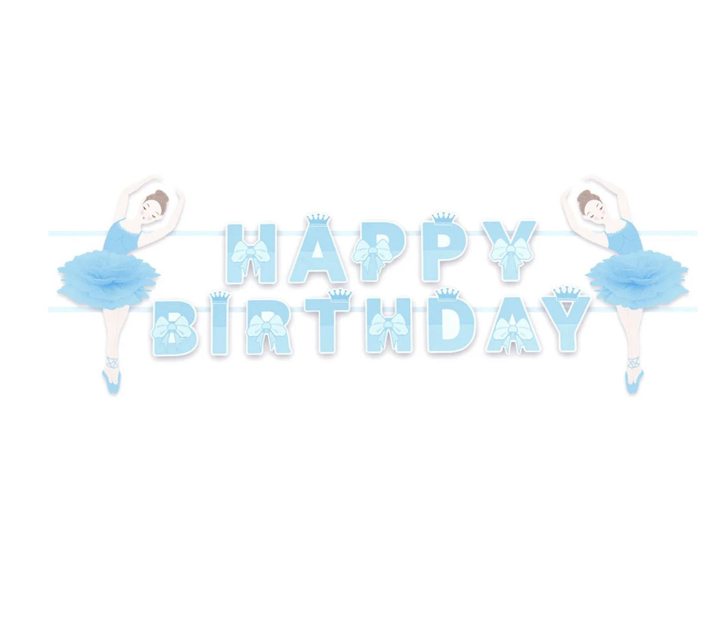 Blue Ballerina Happy Birthday Banner with 3D Tutu Pom Poms, Ballet Party Garland