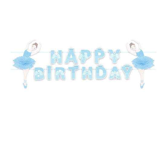 Blue Ballerina Happy Birthday Banner with 3D Tutu Pom Poms, Ballet Party Garland