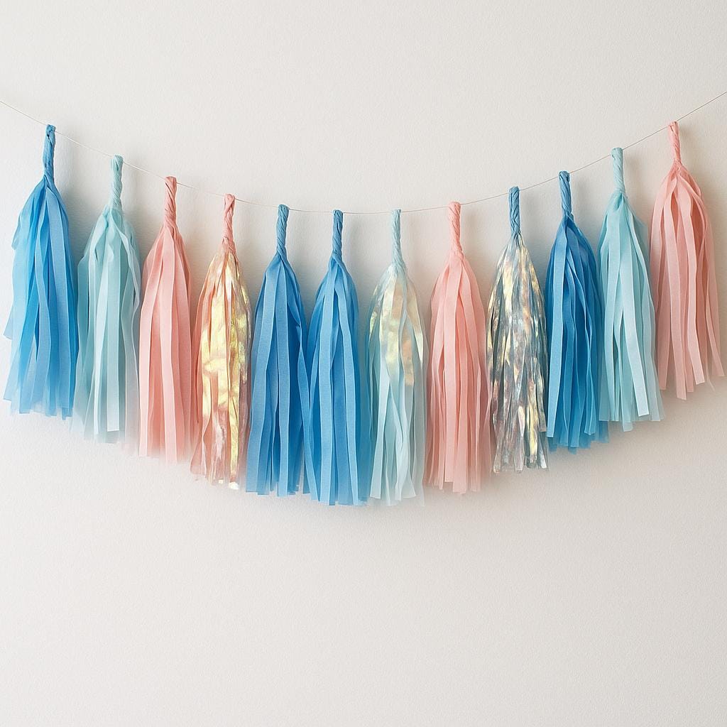 Iridescent Tassel Garland: Blue, Pink, Silver Party Decor