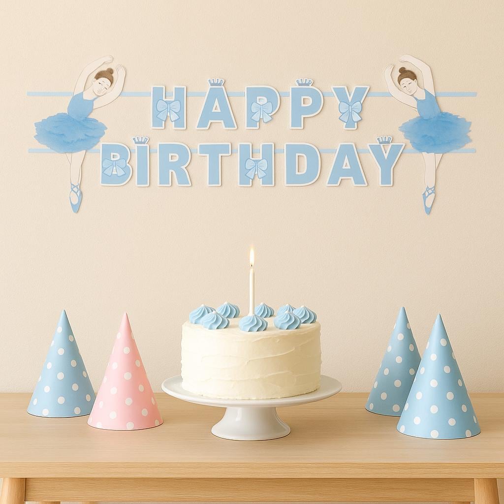 Blue Ballerina Happy Birthday Banner with 3D Tutu Pom Poms, Ballet Party Garland