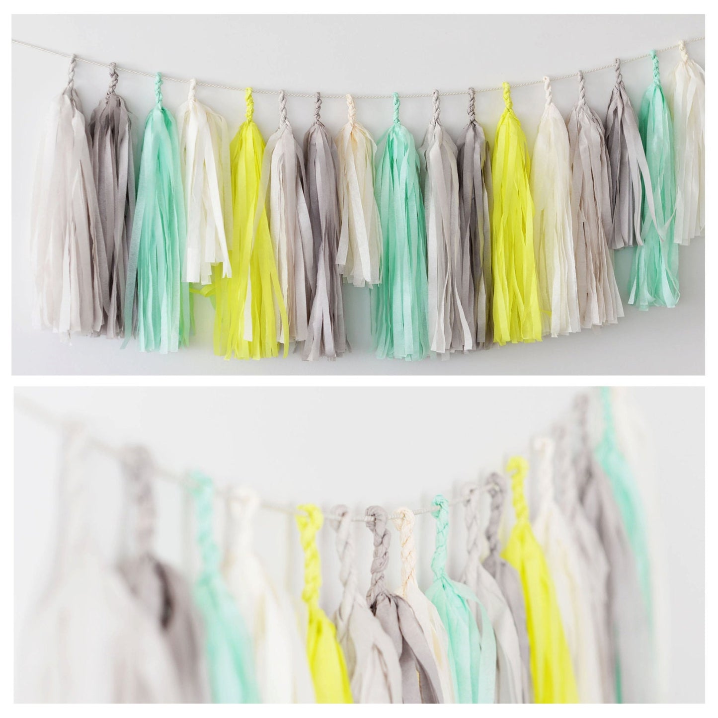 Mint, Grey & Yellow Tissue Paper Tassel Garland: Party Decor
